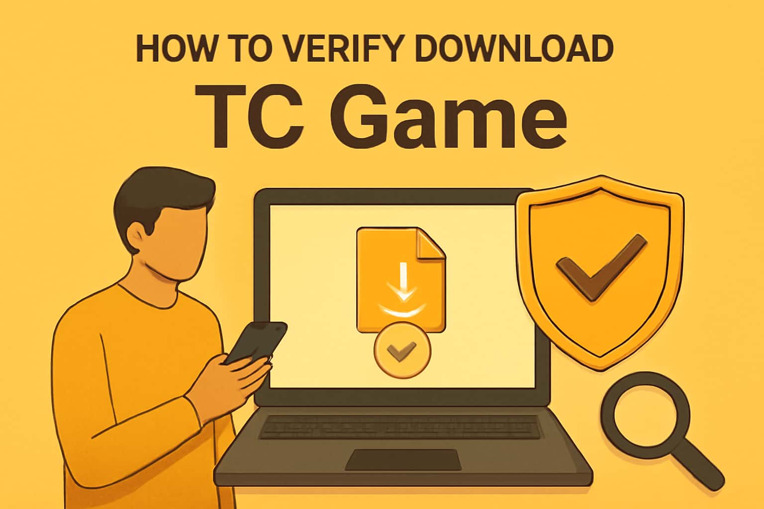 An informative scene depicting verification steps for TC Game download with featured text