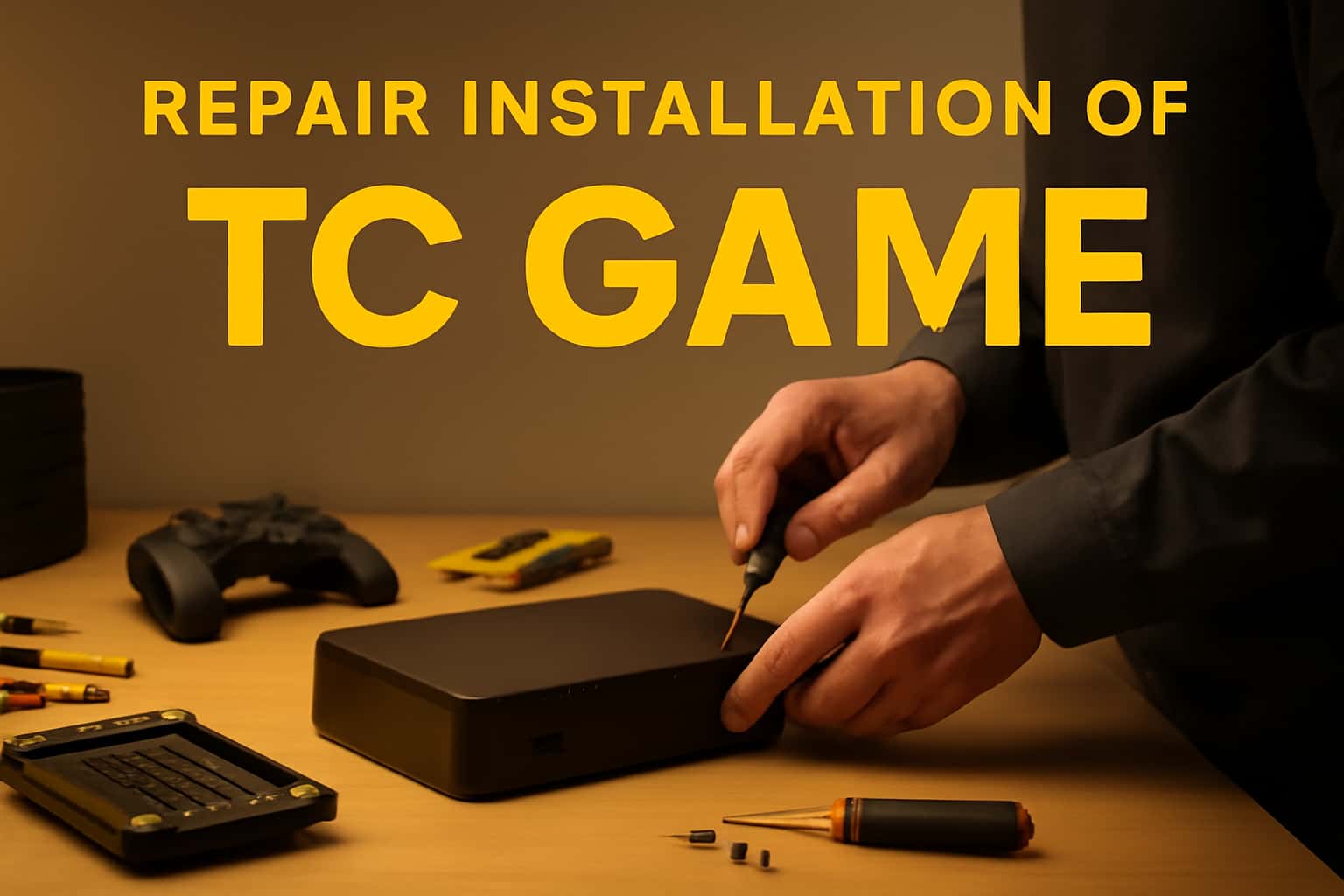An illustrative scene depicting the repair process for the TC Game installation.